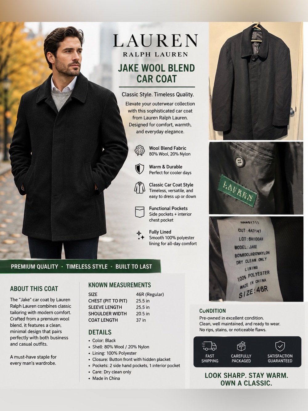 Lauren Ralph Lauren Black Jake Wool Blend Car Coat